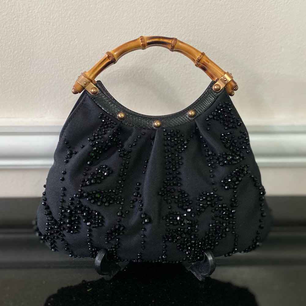 GUCCI  black beaded Handle Bamboo evening bag